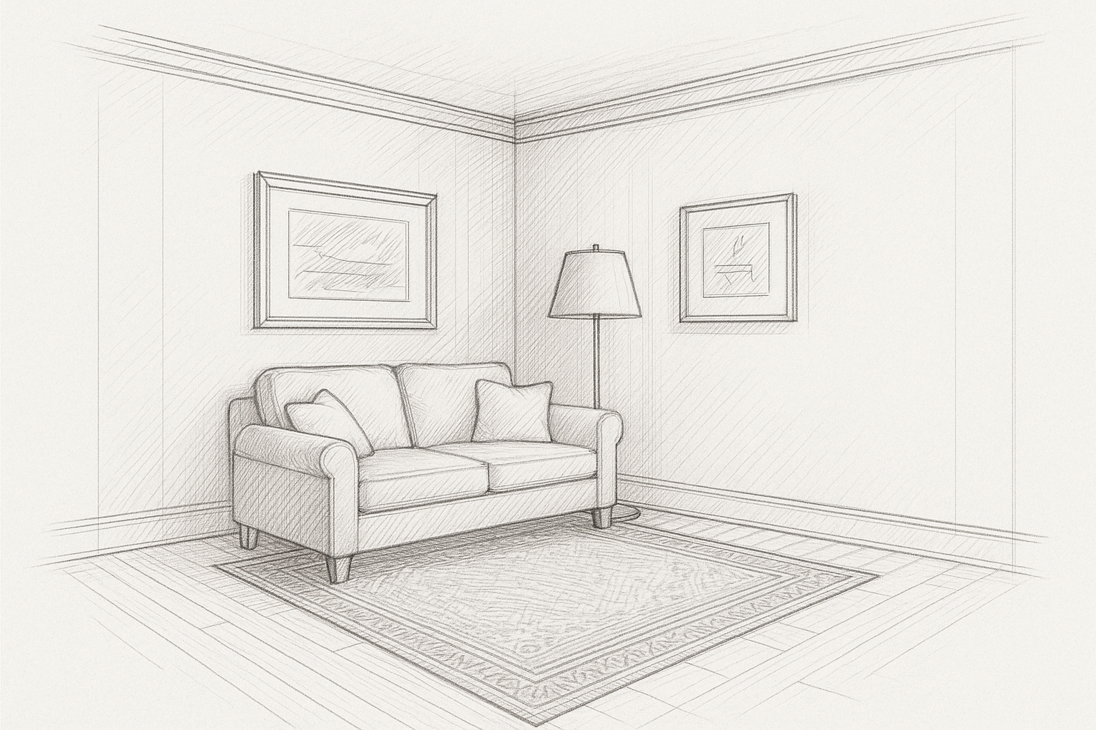 sketch of a remodelation of a corner of a house adding a couch,lamp, art and rug